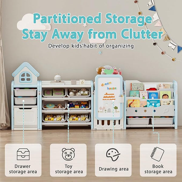 Kids Toy Storage Organizer with 10 Removable Bins, Foldable Toy Organizers and Storage with 3-Tier Bookshelf for Kids Toy Storage Organizer with Drawing Board, Extra 3 Brushes