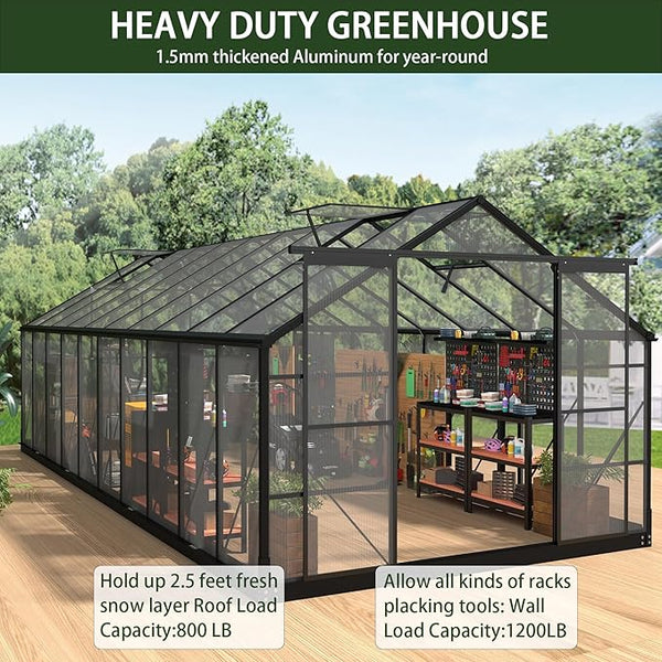 Polycarbonate Greenhouses, 8x20 FT Green Houses for Outside with 4 Adjustable Roof Vents, Walk-in Aluminum Frame Greenhouse with Sliding Doors for Backyard Garden