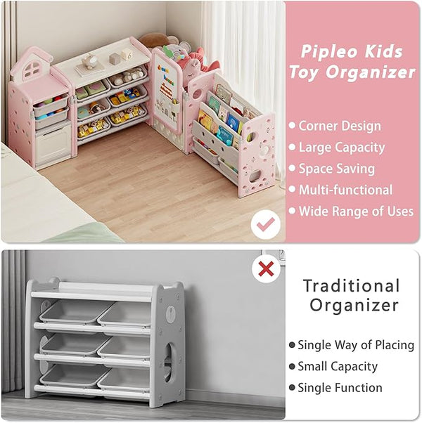 Kids Toy Storage Organizer with 10 Removable Bins, Foldable Toy Organizers and Storage with 3-Tier Bookshelf for Kids Toy Storage Organizer with Drawing Board, Extra 3 Brushes