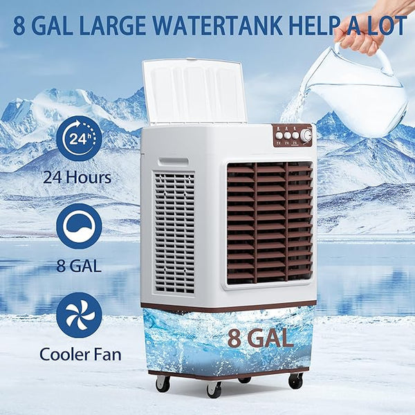 Evaporative Cooler, 3500CFM Evaporative Air Cooler with 8 Gal Large Tank, 130°Oscillation Swamp Cooler Air Conditioner with Push Button, 2 Ice Packs, 3 Wind Speeds Air Cooler for Room InOutdoor