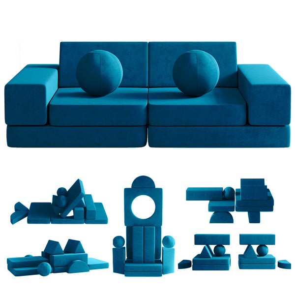 Kids Couch, 12PCS Fold Out Toddler Couch with 2 Balls and Tunnel, Modular Kids Couch for Playroom, Kids Play Couch for Kickball Game, Pitching Game, Over 30 Creative Gameplay Couch for Kids