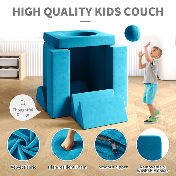 Kids Couch, 12PCS Fold Out Toddler Couch with 2 Balls and Tunnel, Modular Kids Couch for Playroom, Kids Play Couch for Kickball Game, Pitching Game, Over 30 Creative Gameplay Couch for Kids