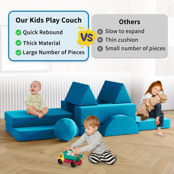 Kids Couch, 12PCS Fold Out Toddler Couch with 2 Balls and Tunnel, Modular Kids Couch for Playroom, Kids Play Couch for Kickball Game, Pitching Game, Over 30 Creative Gameplay Couch for Kids