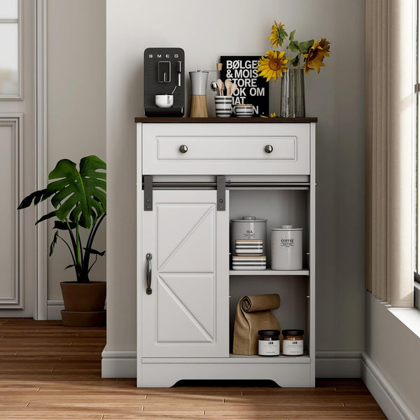 Bathroom Floor Cabinet, 32'' Farmhouse Storage Cabinet with Sliding Barn Door, 4 Drawers, Freestanding Coffee Bar Cabinet, Small Storage Cabinet Fits for Kitchen, Bathroom