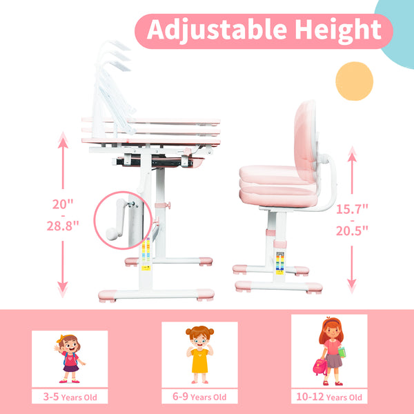 Kids Desk and Chair Set, Height-Adjustable Chair and Desk for Kids, Kid Desk with 3 Modes and 3 Brightness Led Lamps, with 60° Tilting Tabletop and Extra-Large Storage Drawer