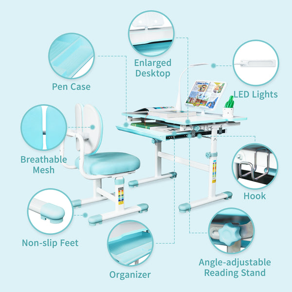 Kids Desk and Chair Set, Height-Adjustable Chair and Desk for Kids, Kid Desk with 3 Modes and 3 Brightness Led Lamps, with 60° Tilting Tabletop and Extra-Large Storage Drawer