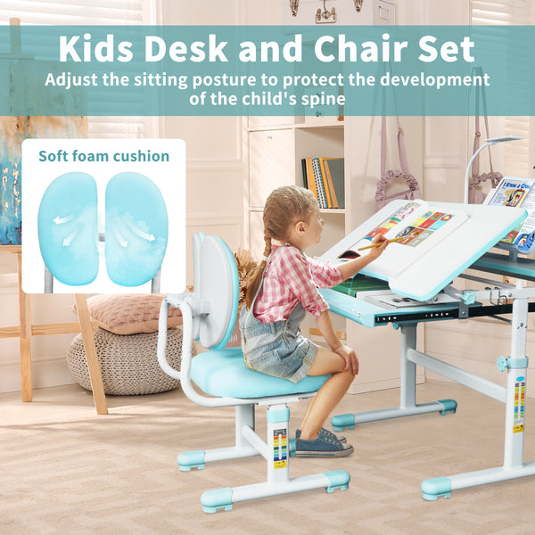 Kids Desk and Chair Set, Height-Adjustable Chair and Desk for Kids, Kid Desk with 3 Modes and 3 Brightness Led Lamps, with 60° Tilting Tabletop and Extra-Large Storage Drawer