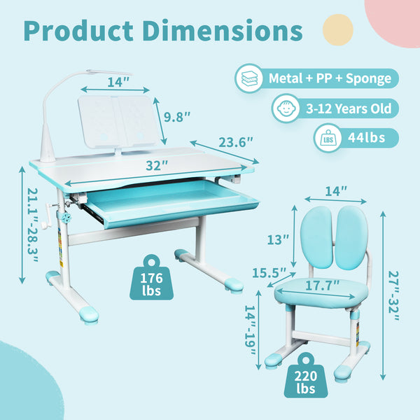 Kids Desk and Chair Set, Height-Adjustable Chair and Desk for Kids, Kid Desk with 3 Modes and 3 Brightness Led Lamps, with 60° Tilting Tabletop and Extra-Large Storage Drawer