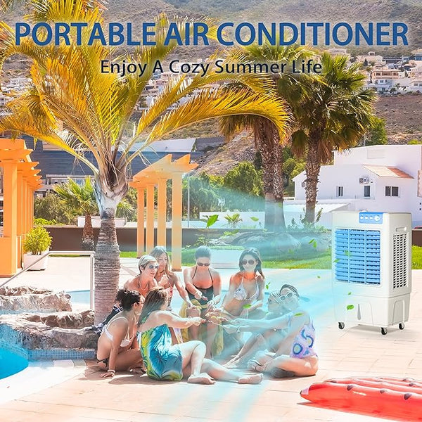 Evaporative Cooler, 3500CFM Evaporative Air Cooler with 8 Gal Large Tank, 130°Oscillation Swamp Cooler Air Conditioner with Push Button, 2 Ice Packs, 3 Wind Speeds Air Cooler for Room InOutdoor