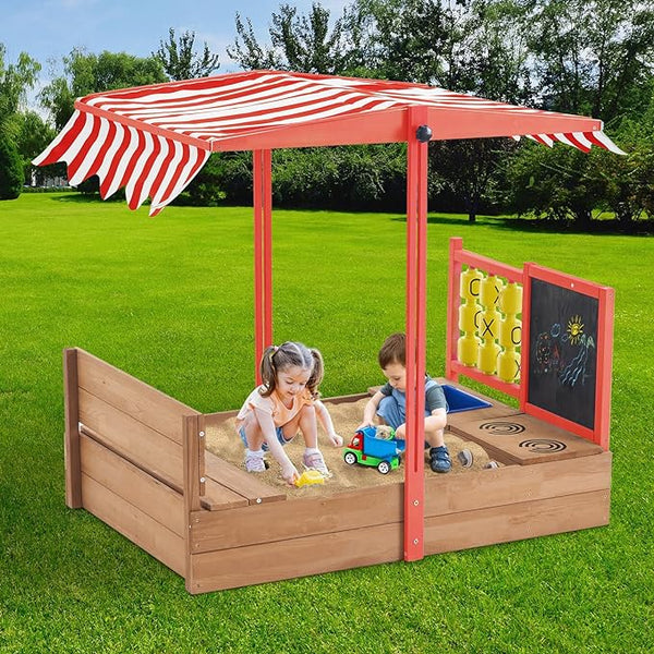 Sandbox with Canopy, 47.2'' Kids Large Wooden Sand Box with Tic-Tac-Toe, Liner, Drawing Board, Sink, Adjustable Roof, Sand Boxes for Backyard Garden, Sand Pit for Beach Patio Outdoor