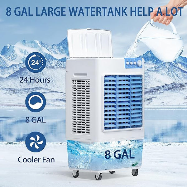 Evaporative Cooler, 3500CFM Evaporative Air Cooler with 8 Gal Large Tank, 130°Oscillation Swamp Cooler Air Conditioner with Push Button, 2 Ice Packs, 3 Wind Speeds Air Cooler for Room InOutdoor