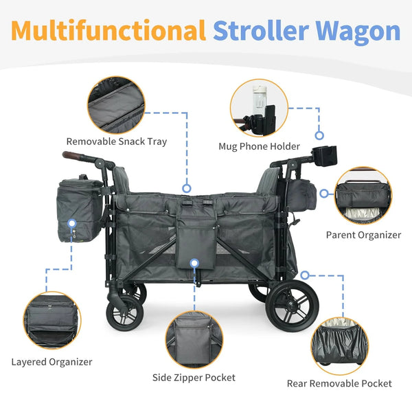 Wagon Stroller for 4 Kids, Linor Stroller Wagon 4 Seater Featuring Convertible High Seat, 5-Point Harnesses and Adjustable Canopy, Foldable Double Push Bar Baby Wagon for Camping