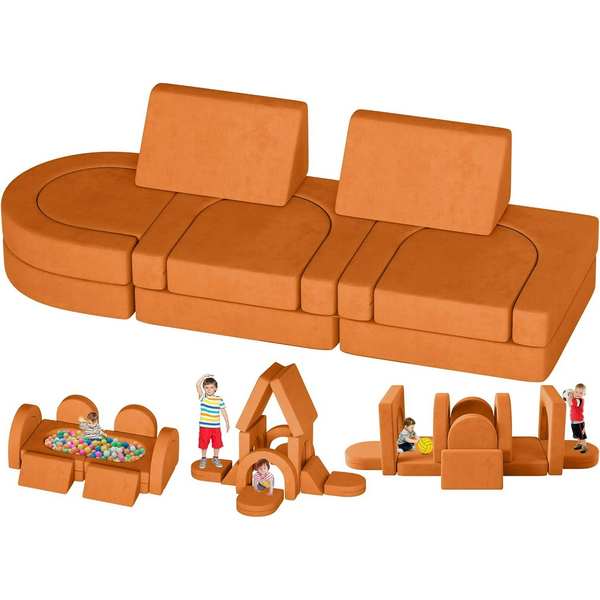 Kids Couch 12PCS, Modular Kids Toddler Play Couch with 2 Triangular Cushions and 4 Arches, Kids Sofa Play Couch for Playroom, Bedroom Modular Foam Couch for Playing, Creativing, Sleeping