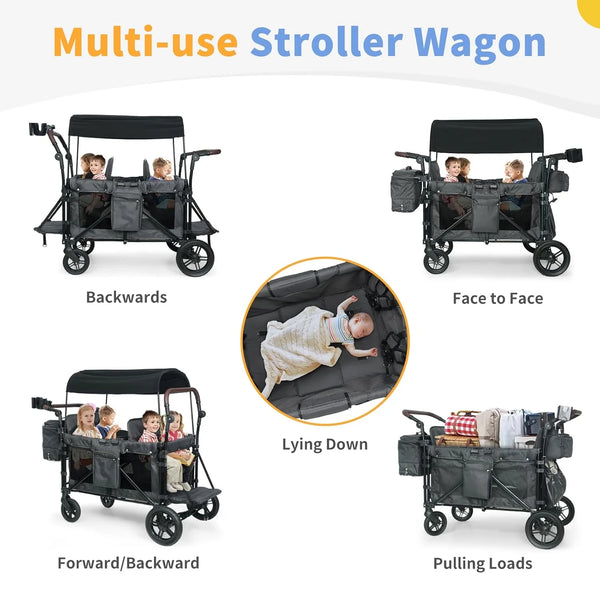 Wagon Stroller for 4 Kids, Linor Stroller Wagon 4 Seater Featuring Convertible High Seat, 5-Point Harnesses and Adjustable Canopy, Foldable Double Push Bar Baby Wagon for Camping