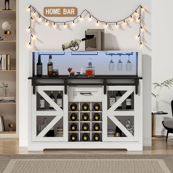 Coffee Bar Cabinet with LED Light, 48" Farmhouse Bar Cabinet with 12 Wine Racks and Power Outlet, Storage Shelves and Sliding Barn Door