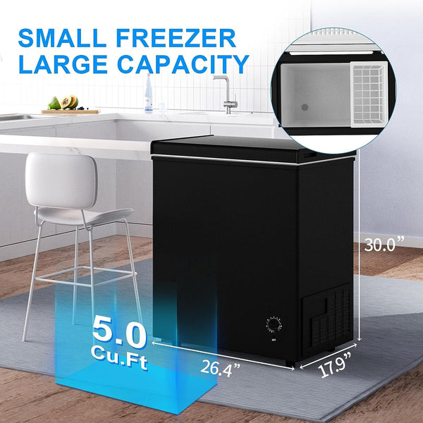 Chest Freezer 5.0 Cu.Ft, Small Deep Freezers with 7 Level Adjustable Temp Control, Freestanding Mini Freezer with Removable Storage Basket, Top Open Door, Low Noise and Energy Saving