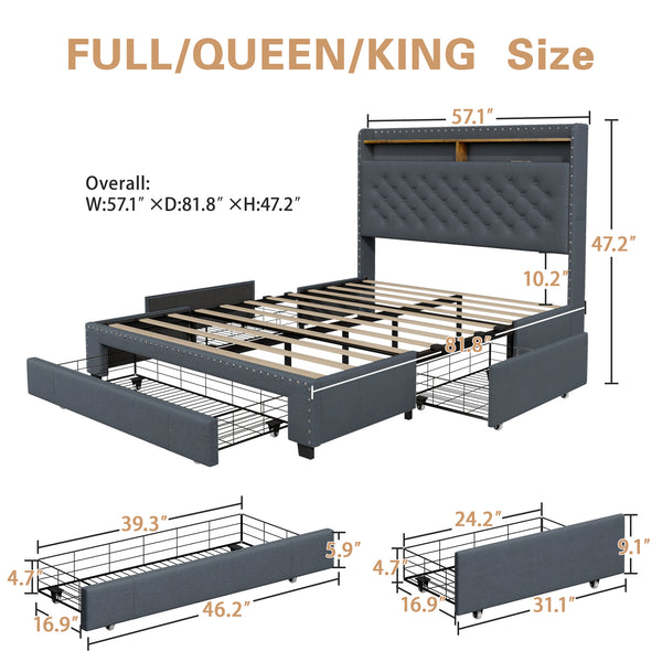 Bed Frame with 3 Drawers, 2-Tier Storage Headbord, Bed Frame with Storage, LED Lights and Charging Station, Upholstered Platform Bed Frame, Wood Slats Support