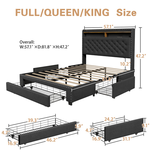 Bed Frame with 3 Drawers, 2-Tier Storage Headbord, Bed Frame with Storage, LED Lights and Charging Station, Upholstered Platform Bed Frame, Wood Slats Support