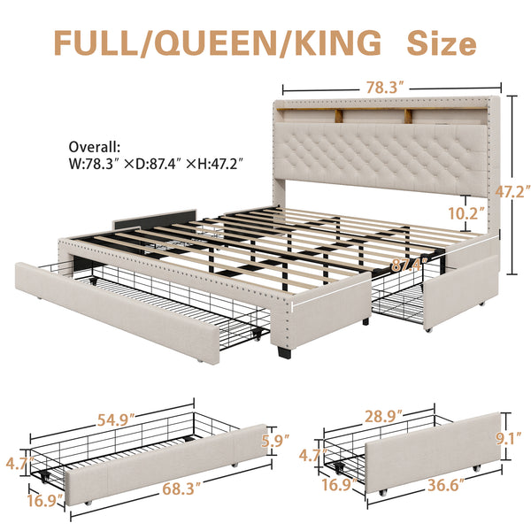 Bed Frame with 3 Drawers, 2-Tier Storage Headbord, Bed Frame with Storage, LED Lights and Charging Station, Upholstered Platform Bed Frame, Wood Slats Support