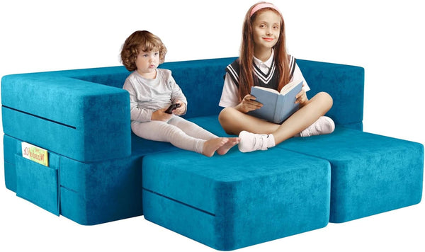 Kid Couch, Modular Kids Toddler Couch with Ottomans, kids Sofa Play Couch for Playroom, Bedroom, Kids Modular Couch for Playing, Creativing, Sleeping, Play Foam Couch for Boys and Girls