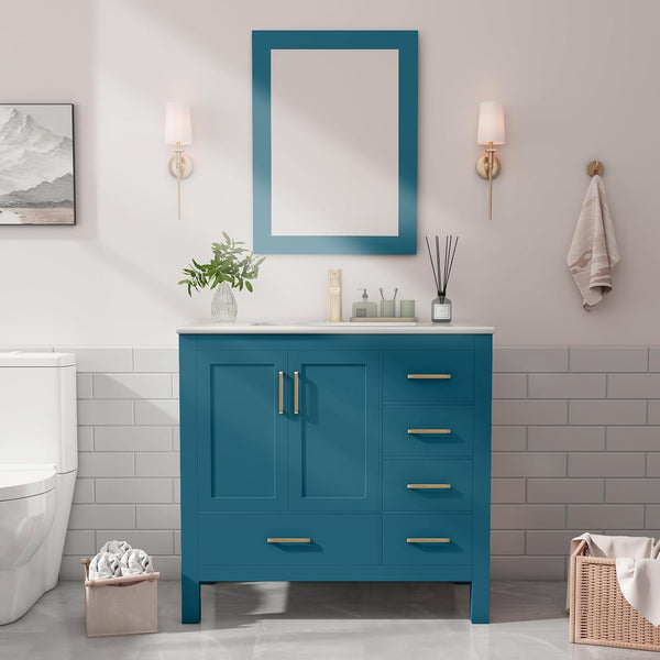 36" Bathroom Vanity with Sink and Faucet, Ceramic Countertop, Ceramic Sink, Mirror, Pop up Drain, Drain Pipe, 9/16'' Hot and Cold Pipes, Soft-Close Doors, and 5 Drawers