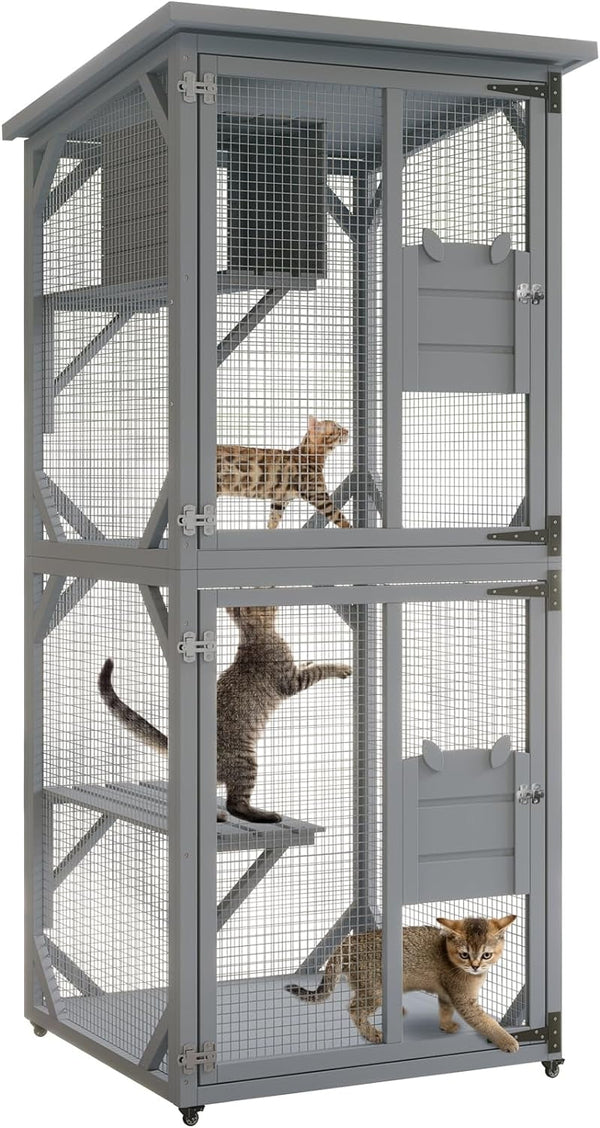 Catio, Outdoor Cat Enclosure with 3 Platforms, Outdoor Cat House with Fir Wood, Weatherproof Kitty Catio with Resting Box, 4 * 360° Wheels