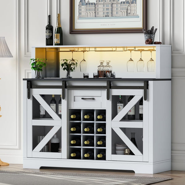 Coffee Bar Cabinet with LED Light, 48" Farmhouse Bar Cabinet with 12 Wine Racks and Power Outlet, Storage Shelves and Sliding Barn Door