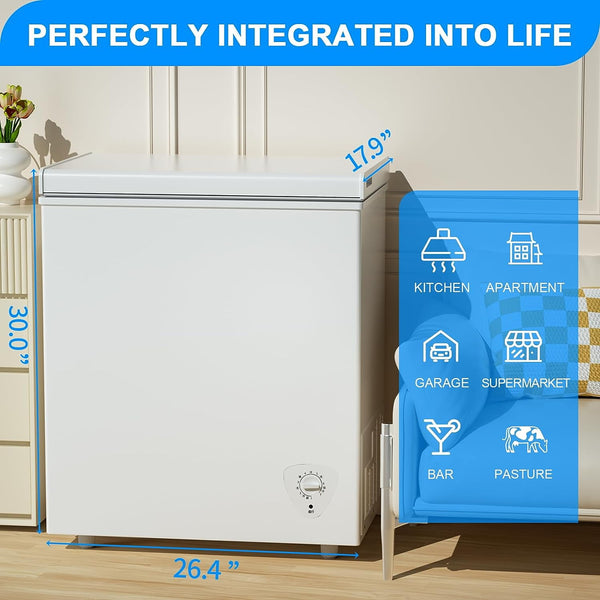 Chest Freezer 5.0 Cu.Ft, Small Deep Freezers with 7 Level Adjustable Temp Control, Freestanding Mini Freezer with Removable Storage Basket, Top Open Door, Low Noise and Energy Saving