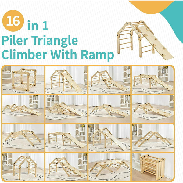 16-in-1 Pikler Triangle Climber Set, Baby Indoor Climbing Playground Toys, Wooden Climbing Toys Playset for Kids, Jungle Gym for Toddlers with Slide, Climbing Slide, Ladder