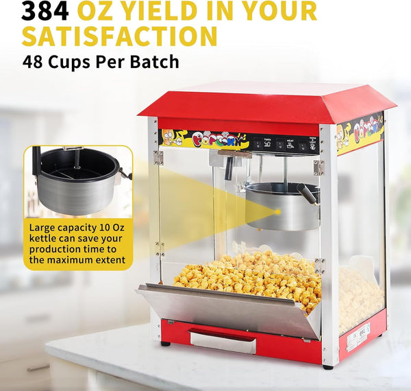 10 oz Commercial Hot Air Popcorn Maker, 1300W 60 Cups per Batch