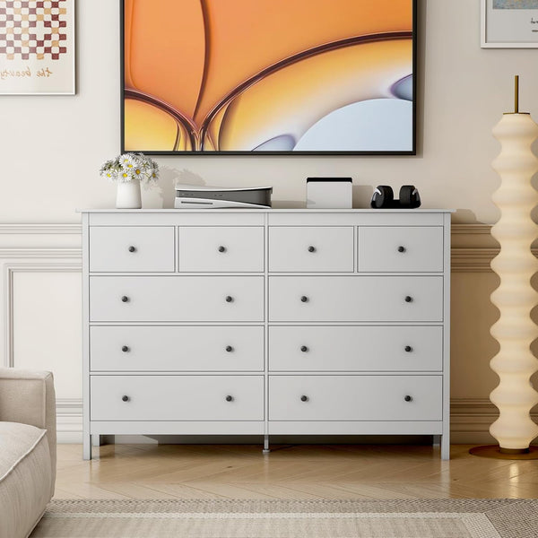 10 Drawer Dresser, 55" Modern White Dressers & Chests of Drawers, Adult 10 Drawers Wide Wood Dresser for Bedroom, Living Room